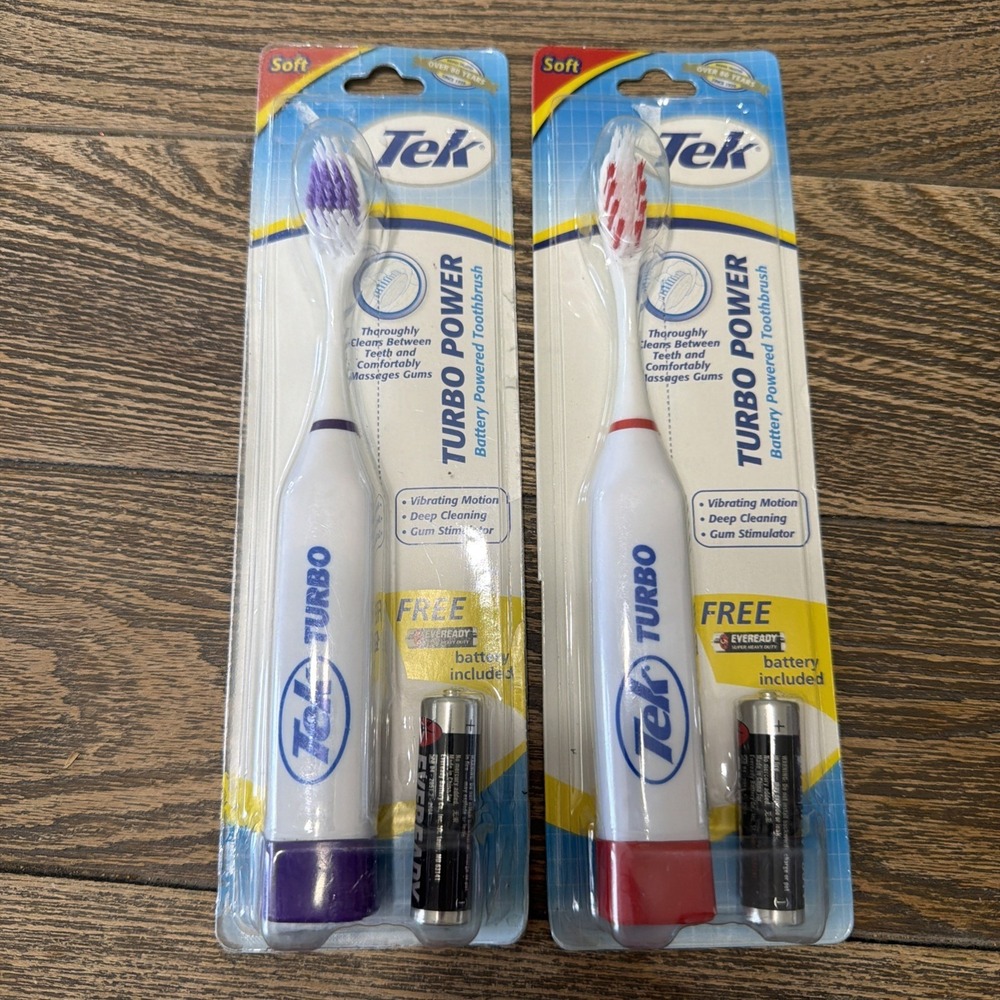 (2) Tek Turbo Powered Toothbrush with Battery ~ New in Package Soft Bristles